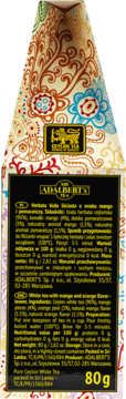 Biała herbata Sir Adalbert's Tea 80g, tył opakowania z czarną etykietą, widoczny skład i smak mango, pomarańczy.