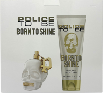 Police To Be Born to Shine zestaw: biała woda perfumowana w butelce-czaszce i tuba balsamu, widok z przodu.