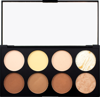 Paleta Revolution Ultra Contour z 8 matowymi i błyszczącymi odcieniami brązów, beżu i żółci, z lustrem.