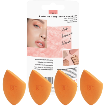 4 pomarańczowe gąbeczki Real Techniques Miracle Complexion Sponge do makijażu, na tle opakowania.
