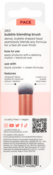 Tył opakowania pędzla Real Techniques 260 Bubble Blending Brush, z opisem cech, sposobem użycia, kodem QR i pędzlem.