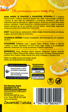 Tył żółtej saszetki maski Isana Double Vitamin C z tekstem o składzie i kodem EAN. Widoczne pomarańcze.