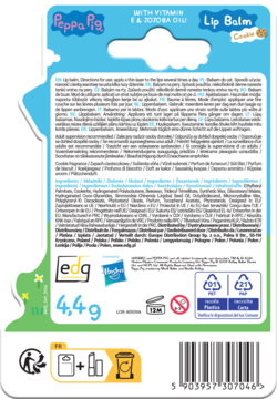 Tył opakowania balsamu do ust Peppa Pig o zapachu ciasteczek z wit. E i olejem jojoba, widoczne szczegóły składu.