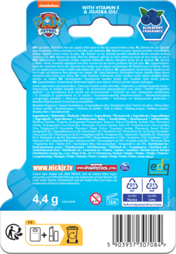 Tył opakowania balsamu do ust Paw Patrol o zapachu borówek z witaminą E i olejem jojoba. Widoczny skład i waga 4,4g.