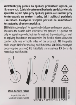 Tył beżowego opakowania wielofunkcyjnego puszka do makijażu, instrukcje i opis elastycznej wstążki.