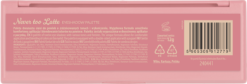 Tył różowej palety cieni Lovely Never too Latte, z opisem produktu i kodem kreskowym. 12 kawowych odcieni.