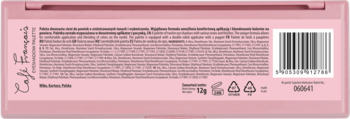 Tył różowej palety cieni Lovely Cafe Francais z polskim opisem, kodem kreskowym i symbolami recyklingu.