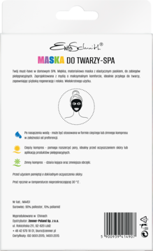 Tył białego opakowania maski SPA Ewa Schmitt, wielokrotnego użytku, z instrukcją użycia na ciepło/zimno.