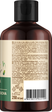 Tył brązowej butelki Green Pharmacy olejku do kąpieli wetyweria wanilia, z tekstem i kodem kreskowym.