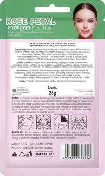 Tył różowego opakowania maski ROSE PETAL HYDROGEL z czytelnymi instrukcjami użytkowania i składem.
