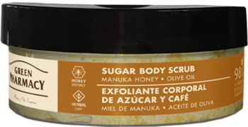 Green Pharmacy peeling cukrowy z miodem manuka i oliwą z oliwek, okrągły słoik, widok z przodu.
