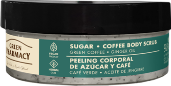 Słoik peelingu Green Pharmacy Sugar Coffee Body Scrub, z czarną pokrywką i zielono-beżową etykietą, widok z przodu.