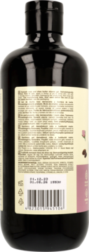Tył czarnej butelki żelu pod prysznic Green Pharmacy z różą i masłem shea, widoczna etykieta z tekstem i kodem.