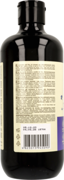 Tył ciemnofioletowej butelki żelu pod prysznic Green Pharmacy z lawendą, widoczna beżowa etykieta z tekstem i kodem kreskowym.