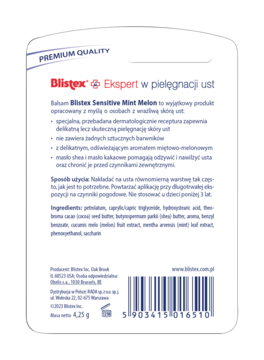 Tył opakowania balsamu do ust Blistex Sensitive Mint Melon z polskim opisem, składnikami i kodem kreskowym.