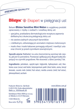 Tył opakowania balsamu Blistex Sensitive Mint Melon, biało-zielony, z opisem, składem i kodem kreskowym.