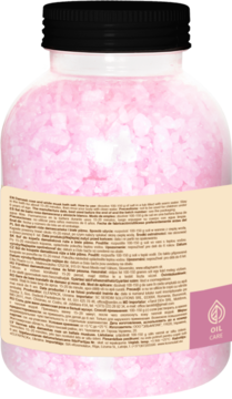Tył butelki soli do kąpieli Green Pharmacy Damask Rose z różowymi kryształkami i beżową etykietą.
