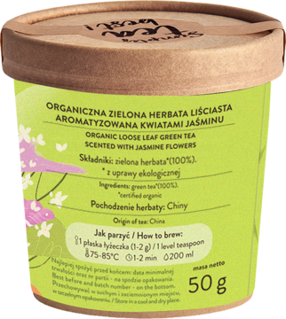 Tył okrągłego opakowania organicznej zielonej herbaty liściastej z jaśminem 50g, z instrukcją parzenia.