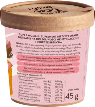 Tył różowego opakowania suplementu Super Woman – herbatki na dolegliwości menstruacyjne, waga 45g.