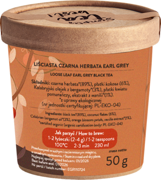 Tył opakowania organicznej herbaty liściastej Earl Grey, brązowy pojemnik z listą składników.