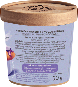 Tył okrągłego opakowania herbaty rooibos Berry Muffin 50g, jasnobrązowe z fioletową etykietą i tekstem.