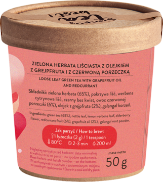 Tył brązowego opakowania herbaty West! Tea z różową etykietą, widoczny opis zielonej herbaty z grejpfrutem i porzeczką.