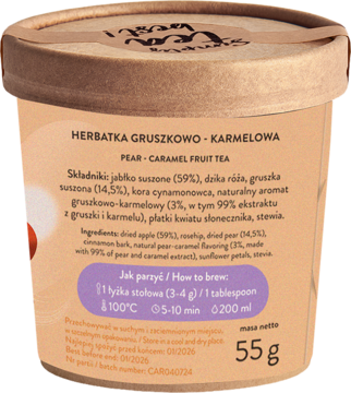 Tył brązowego cylindrycznego pojemnika z herbatką owocową Gruszkowo-Karmelową 55g, z etykietą składu.