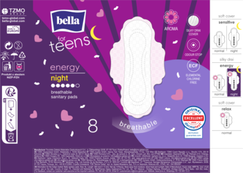 Fioletowe opakowanie podpasek Bella for teens Night, oddychające, ultracienkie, 8 sztuk. Widok z przodu.
