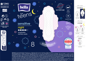 Tył opakowania Bella for Teens Sensitive Night, granatowe z gwiazdkami, z dużym obrazem oddychającej podpaski.