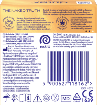Tył opakowania prezerwatyw Durex Sensual XL, żółto-niebieskie, z informacjami prawnymi i kodem EAN.