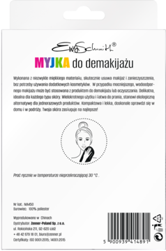 Tył białego opakowania myjki do demakijażu Ewa Schmitt z polskim tekstem i rysunkiem użycia.