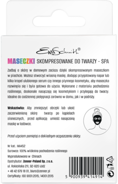 Tył białego opakowania skompresowanych maseczek do twarzy Eva Schmitt z opisem produktu i kodem EAN.