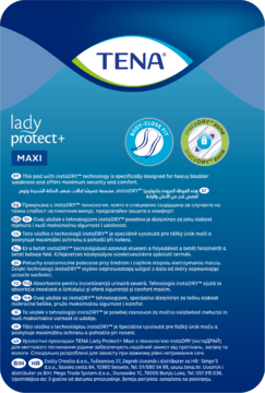 Niebieskie opakowanie TENA Lady Protect+ MAXI, widok z tyłu, opis technologii InstaDRY™ dla nietrzymania moczu.