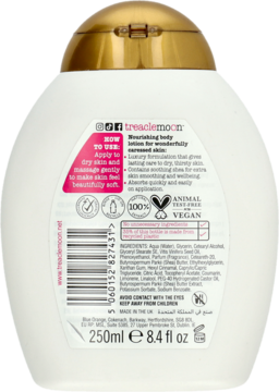 Tył białego balsamu do ciała Treaclemoon 250ml z etykietą, kodem kreskowym i ikonami Vegan/Animal Friendly.