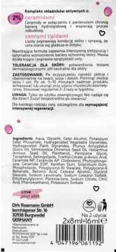 Tył białej saszetki maski Isana Love Your Skin 2% ceramidów, z czarnym tekstem, składem i logo Vegan.