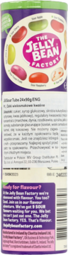 Tył fioletowej tuby żelków The Jelly Bean Factory, z tekstem o 20 kwaśnych smakach i składnikach.