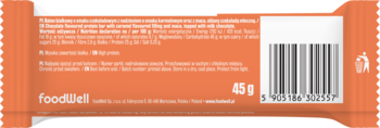 Pomarańczowy tył opakowania batonika proteinowego Purella Superfoods karmelowe brownie, widoczne 45g i kod.