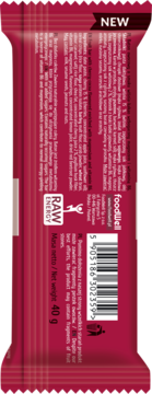 Tył opakowania batona BeRAW Crispy Fruit wiśnia-kakao 40g z kodem EAN i składem, w kolorze magenta.