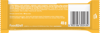 Tył żółtego opakowania batonu proteinowego Foodwell 45g. Widoczne informacje o składzie i kod kreskowy.