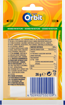 Tył opakowania gumy Orbit Tropical Fruit, bez cukru, z tabelą wartości odżywczych i składem na pomarańczowym tle.