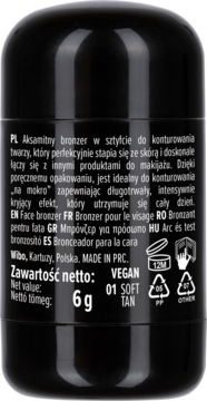 Tył czarnego opakowania bronzera w sztyfcie Wibo Tantastick Soft Tan 6g, z białym tekstem i napisem VEGAN.