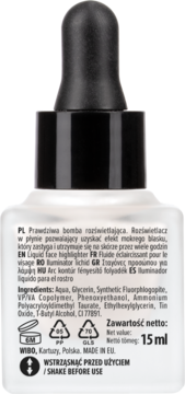 Tył opakowania Wibo Unlimited rozświetlacz w płynie 15 ml, przezroczysta butelka z czarną pipetą, widoczne napisy.
