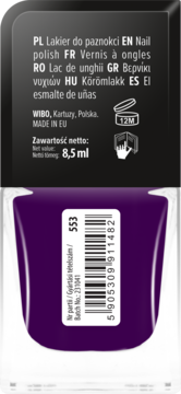 Tył fioletowego lakieru Wibo Extreme Nails, etykieta z nazwami w wielu językach, 8.5ml, batch 231041.