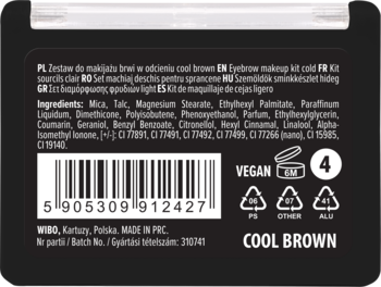 Tył opakowania zestawu do makijażu brwi Wibo Cool Brown. Widoczne składniki, kod kreskowy, oznaczenia Vegan i recyklingu.