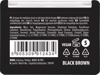 Tył czarnego opakowania Wibo Shape & Define zestawu do brwi Black Brown, z kodem, składem i symbolem wegan.