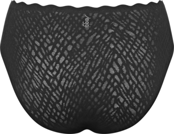 Czarne, bezszwowe majtki high leg z koronki, widok z tyłu, siateczkowy wzór na całej powierzchni.