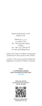 Etykieta produktu FERAX: dane firmy, certyfikat ISO 9001, instrukcja użycia, QR kod, Made in EU.