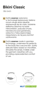 Bikini Classic Gatta Essense seamless underwear info sheet with product description and icons for breathable, antibacterial fabric.