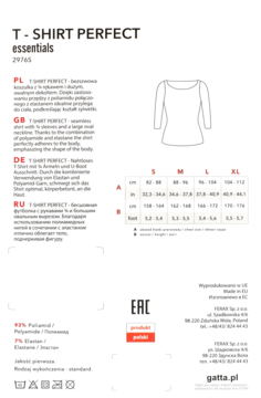Etykieta T-shirt Perfect: bezszwowa biała koszulka z długim rękawem i owalnym dekoltem, tabela rozmiarów.