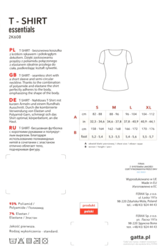 Diagram czarnego, bezszwowego T-shirtu damskiego z okrągłym dekoltem i tabela rozmiarów na białej ulotce.